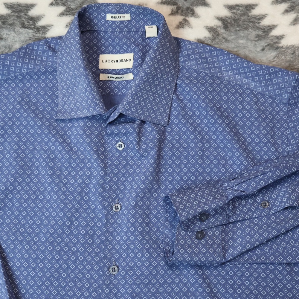 Lucky Brand Mens Blue Geometric Diamond 4 Way Stretch Dress Shirt M 15-15.5